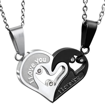 Hartjes Ketting Set voor Hem en Haar - I Love You - Zilver / Zwart kleurig - Romantisch Liefdes Cadeau - Relatie Cadeau - Koppel Cadeau - Mannen Cadeautjes - Vaderdag Cadeau Geschenk