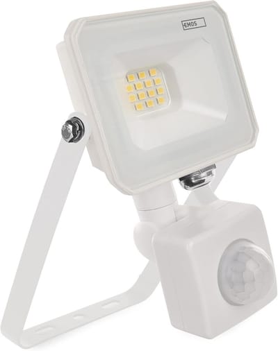 EMOS SIMPO LED-spot 10 W met bewegingsmelder, super helder 1000 lm, IP44 waterdichte schijnwerper voor vochtige ruimtes of buiten, neutraal wit 4000K, levensduur 15000 stuks, 15 cm aansluitkabel, wit