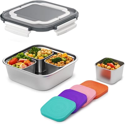 Box Container RVS Conntainers met deksels 5 stuks, grote roestvrijstalen container (1,5 qt) en set van 4 snackcontainers, handig om mee te nemen, geschikt voor picknicks en reizen