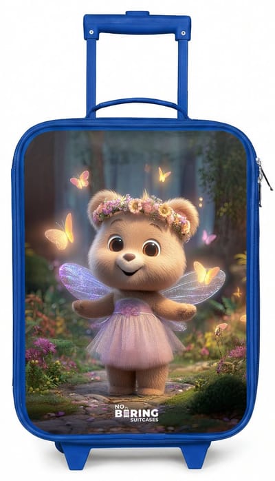 NoBoringSuitcases.com® - Kinderkoffer blauw - Kindertrolley jongen - Beer - Vlinders - Bos - Fairy - Koffer kind lichtgewicht - Reiskoffer trolley voor kinderen - Koffertje met lichtgevende wieltjes - Rolkoffer