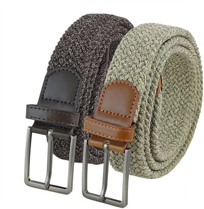 Landley Voordeelset Gemêleerde Elastische Riemen Bruin & Beige – Luxe Gevlochten Stretch Riemen - Dames & Heren - Duopack - Lengte totaal 110 cm / Riemmaat 95