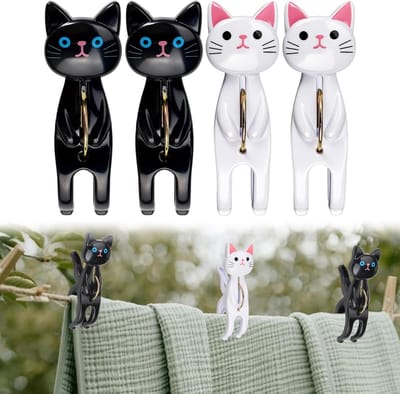 4 stuks handdoekklemmen met kattenmotief voor strandstoel | Schattig design, voor strandlaken en badhanddoek, windbescherming, grote wasknijpers, geschikt voor beddengoed