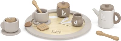 Label Label Houten Theeset - Houten Serviesset - Inclusief Theepot Kopjes en Accessoires - Stimuleert Fantasierijk Rollenspel - Vanaf 18 Maanden - Nougat