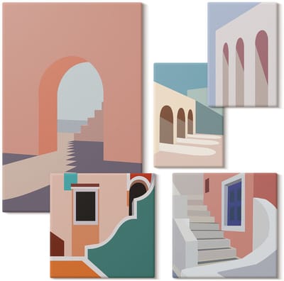 Wallfluent Set van canvas schilderijen - Pastelkleurige minimalistische afbeeldingen van stedelijke architectuur Canvas Schilderijen Set - Set van 5 Canvas Schilderijen - Veelkleurig Set van Canvas Prints - Architectuur Canvas Kunst Set