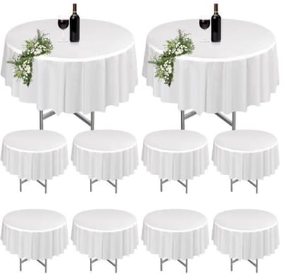 Een set van 10 ronde, witte, wasbare tafelkleden, Geschikt voor tuintafels, gemaakt van polyester, ook te gebruiken als tafelhoezen, Geschikt voor bruiloften en andere gelegenheden, diameter 213 cm.