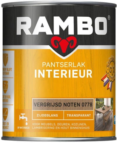 Rambo Pantserlak Interieur - Transparant Zijdeglans - Houtnerf Zichtbaar - Vergrijsd Noten - 0.75L