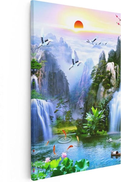 Artaza Canvas Schilderij Kraanvogels - 20x30 cm - Klein - Wanddecoratie Waterval - Muurdecoratie Bloesem - Kamer Accessoires Bergen