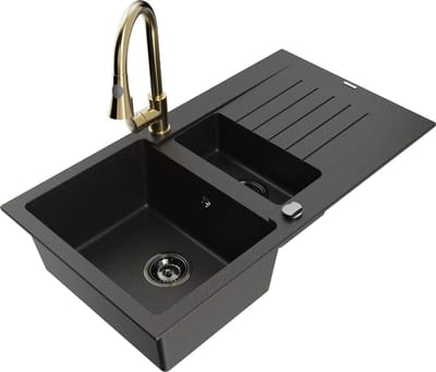 Mexen Matias granitische spoelbak met 1,5 kamers, afdruiprek en Elia keukenkraan, zwart/goud metallic - 6502-75-670101-50-B