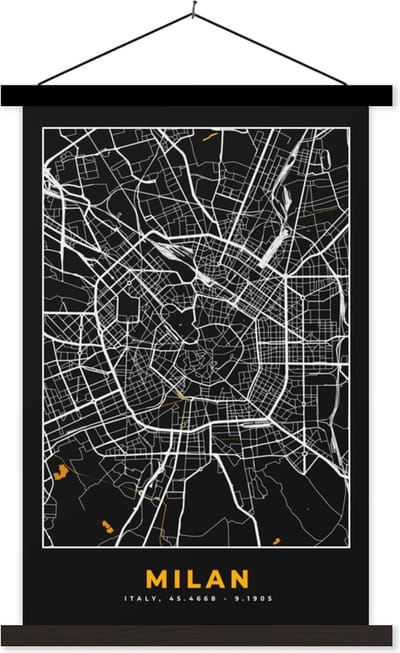 Posterhanger incl. Poster 40x60 cm - Schoolplaat - Kaart - Milaan - Plattegrond - Goud - Stadskaart - Textielposter - Zwarte latten - Stadskaart