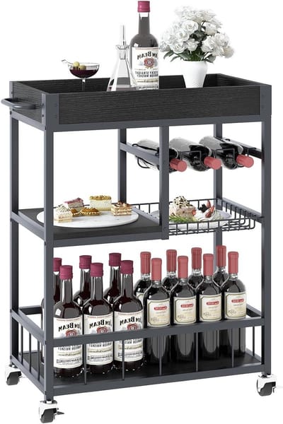 Servicetrolley voor de keuken met wijnrek, multifunctionele bartrolley met wielen, ideaal voor woonkamer en feestjes, zwart houtlook