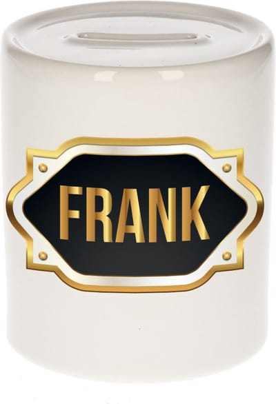 Spaarpot met voornaam Frank - wit - met goud/zwart embleem - 8 x 9 cm - keramiek - met afsluitdop - cadeau verjaardag
