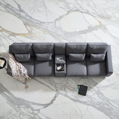 Moderne Luxe 4-Zits Bank met Linnen Bekleding, USB Oplaadpoorten & Bekerhouders – Comfortabele Bank met Opbergruimte en Verstelbare Lendenkussens – House&Garden