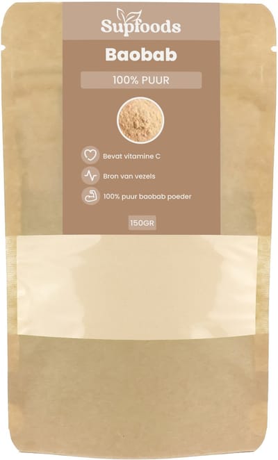 Baobab Poeder 100% Puur - 150gram - Baobab is Van nature rijk aan Vitamine C en Vezels - Perfect voor Smoothies, Ontbijt en Bakken