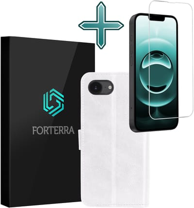 Hoesje Met Screenprotector - Geschikt voor Apple iPhone 16e - Luxe Pasjeshouder - Flipcase - Bookcase Portemonee - Flip Case - Kunstleer Book Case - Book Cover - Walletcase - Portemonneehoes - Wit