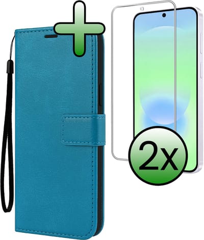 Hoesje Met 2x Screenprotector - Geschikt voor Samsung Galaxy A37 - Luxe Pasjeshouder - Bookcase Portemonee - Flip Case - Kunstleer Book Case - Flipcase Hoes - Book Cover - Walletcase - Portemonneehoes - Turquoise