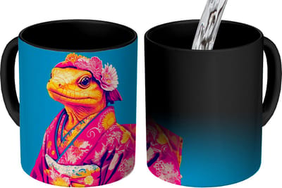 Magische Mok - Foto op Warmte Mokken - Koffiemok - Bloemenkrans - Hagedis - Kimono - Paars - Magic Mok - Beker - 350 ML - Theemok