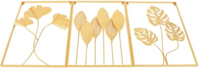 Venzor - 3‑delige Gouden Metalen Wanddecoratie – Bladeren Design – 60×40 cm – Moderne 3D Muurkunst – Vierkante Wall Art Set