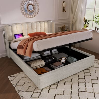 Sweiko Gestoffeerd bed Tweepersoonsbed Leeslamp met oplaadfunctie Hoofdbord Opslagruimte Bed frame Linnenmateriaal Jeugdbed 160x200 met lattenrost, Natural (Zonder matras)