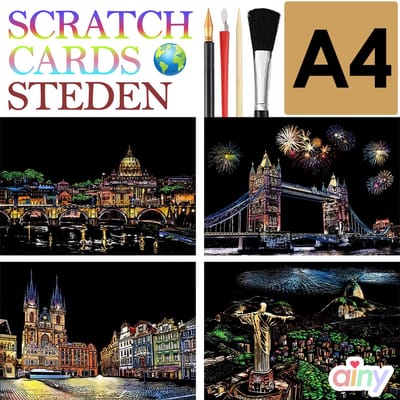 Ainy - Scratch Art Beautiful City (A4) | 4 krastekening incl. gereedschappen | Kras tekeningen | Schilderen op kleuren kunst | hobby & creatief voor volwassenen en kinderen ( meisjes ) | Knutselen - ontspanningspakket | DIY schilderijen set nummer 1
