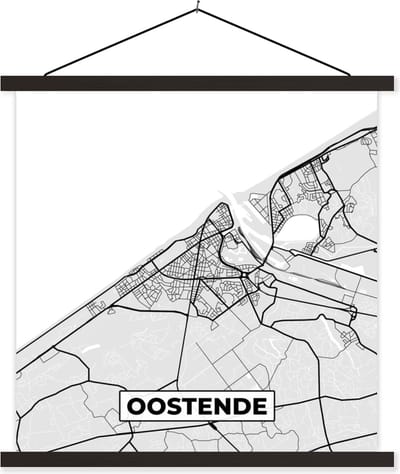 Posterhanger incl. Poster 60x60 cm - Schoolplaat - Kaart – Plattegrond – Stadskaart – Oostende – België – Zwart Wit - Textielposter - Zwarte latten - Stadskaart