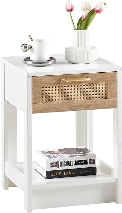 Nachtkastje Rotan met Lade - Witte Bijzettafel van MDF - Compact Bedtafeltje - Naturel/Wit - Voor Slaapkamer & Woonkamer - 40x40x55 cm