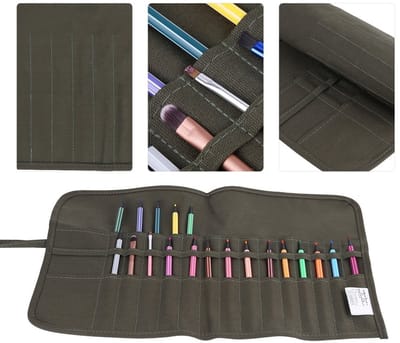 Dailygoods- Penseeltas 30 Sleuven - Olijf Zeildoek - Rolkwast Etui - 48 x 30 cm - Compact en Duurzaam - Ideaal voor Schilderen - Kwastenetui