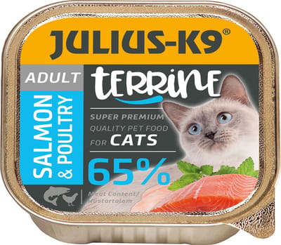 Julius-K9 - Natvoer voor volwassen katten – Smeuïge kattenpaté met zalm - Zalm & gevogelte 5 x 100g