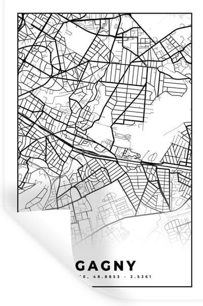 Muurstickers - Sticker Folie - Gagny - Stadskaart – Plattegrond – Kaart – Frankrijk - Zwart wit - 20x30 cm - Plakfolie - Muurstickers Kinderkamer - Zelfklevend Behang - Zelfklevend behangpapier - Stickerfolie