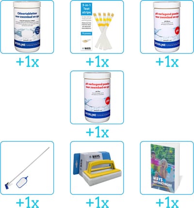 Zwembad Onderhoudspakket - Onderhoud Zwembad - bevat Chloor - Testrips - PH-min - PH-plus - Schoonmaakset - Scrubborstel en Zwembadgids (7-delig)