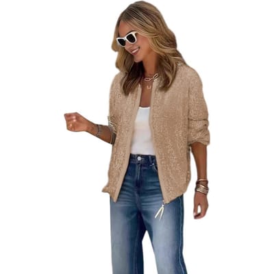 Pailletten Top Pailletten Decor Losvallende Dames Herfst Lente Jas met Rits Lange Mouw Ronde Hals Party Club Dating Kantoor XL