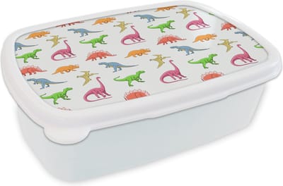 Broodtrommel Wit - Lunchbox - Brooddoos - Patronen - Dino - Kinderen - Jongens - Kleuren - Kids - Jongen - 18x12x6 cm - Volwassenen