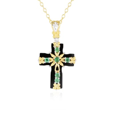 Cavill - Zilveren halsketting met 7,02 ct zwarte onyx en 0,378 ct Zambiaanse smaragd - 925 sterling zilver verguld - Elegant kruis