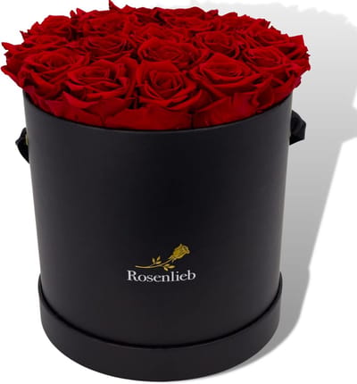 Rozenbox met 18 Infinity rozen (3 jaar houdbaar) | handgemaakt uniek uit Duitsland incl. wenskaart | Flowerbox vriendin (zwart, donkerrood)
