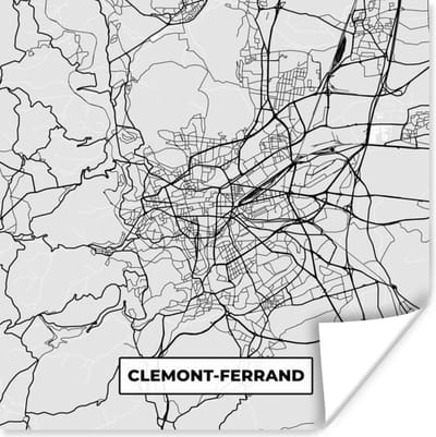 Poster Stadskaart - Frankrijk - Kaart - Clemont-Ferrand - Plattegrond - 100x100 cm XXL