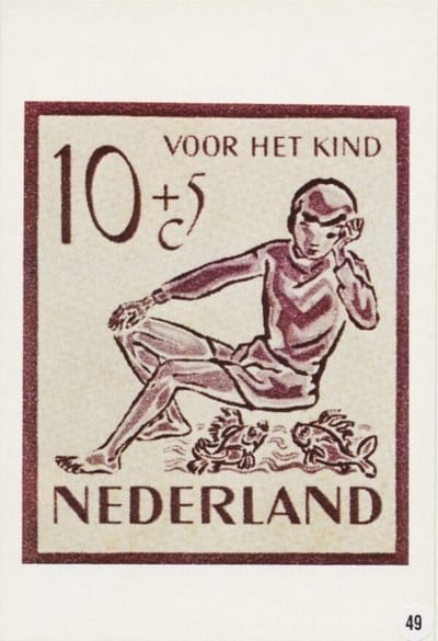 Briefkaart met afbeelding jongen met vissen postzegel