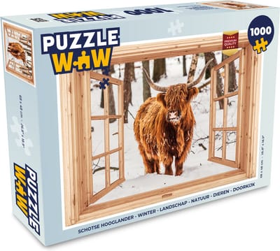 Puzzel Schotse Hooglander - Winter - Landschap - Natuur - Dieren - Doorkijk - Legpuzzel - Puzzel 1000 stukjes volwassenen