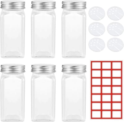 Famanu - Glazen kruidenpotjes, 6 stuks, 120 ml vierkante glazen kruidenpotjes met afsluitbaar deksel, 21 vellen etiketten van 34 x 27 mm voor zout, peper, specerijen, kruiden, zaden, keukenbenodigdheden, opslag en gebruik.