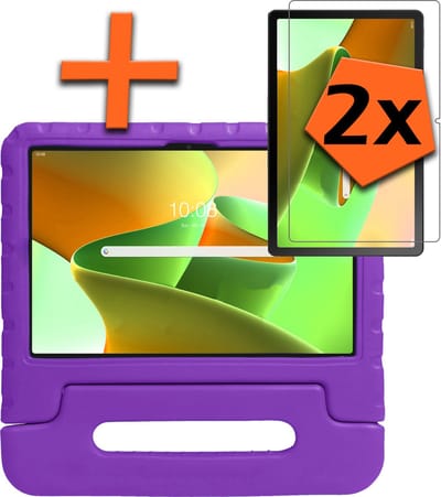 Hoesje - Geschikt voor Lenovo Tab M10 Plus (3e / 3rd Generatie) - Met 2x Screenprotector - Kinderhoes Shockproof Bumper - Kidsproof Case - Tablet Hoes - Kinder Hoes Cover - Paars