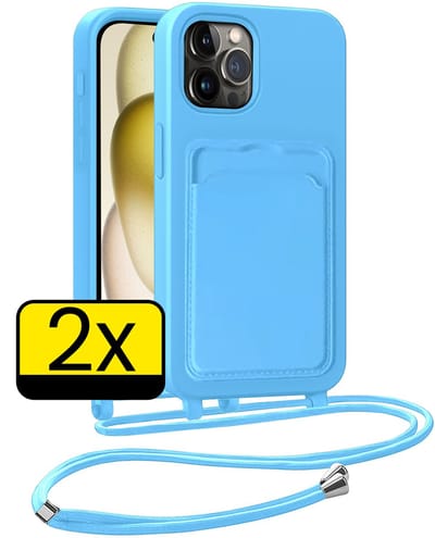 Hoesje Geschikt voor iPhone 15 Pro Telefoonhoesje Met Koord Case Pashouder Siliconen - Hoes Geschikt voor iPhone 15 Pro Hoesje Met Kaarthouder - Lichtblauw - 2 Stuks