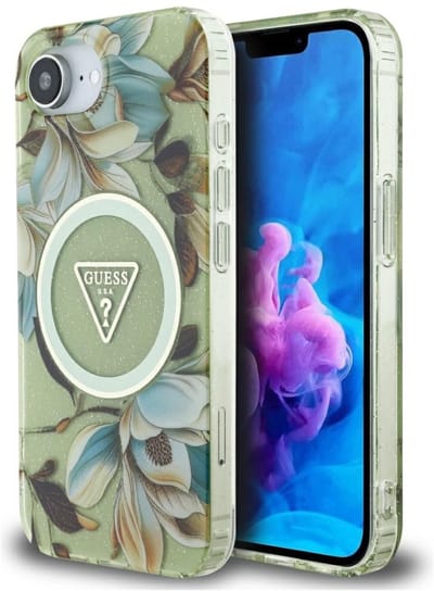 Guess Metal Glitter - iPhone 16 Hoesje - Groen - MagSafe Compatibel - Brokaat Afwerking