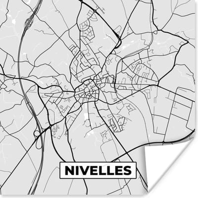 Poster Stadskaart – Zwart Wit - Kaart – Nivelles – België – Plattegrond - 100x100 cm XXL