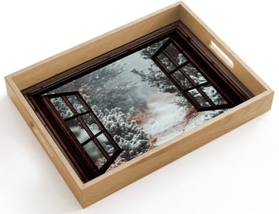 Dienblad hout 40x30 cm - Schootdienblad - Bos - Winter - Bomen - Natuur - Pad - Doorkijk - Borrelplank rechthoek - Plateau dienbladen