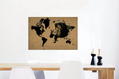 Aluminium schilderij 90x60 cm - Wanddecoratie metaal - Wereldkaart - Bruin - Leeuw - Metalen muurdecoratie woonkamer - Decoratie industrieel - Foto op dibond - Industriële accessoires slaapkamer