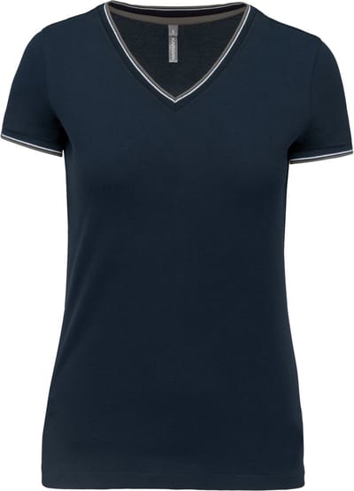 Kariban Dames-t-shirt piqué V-hals K394 - Navy / Light Grey / White - XXL