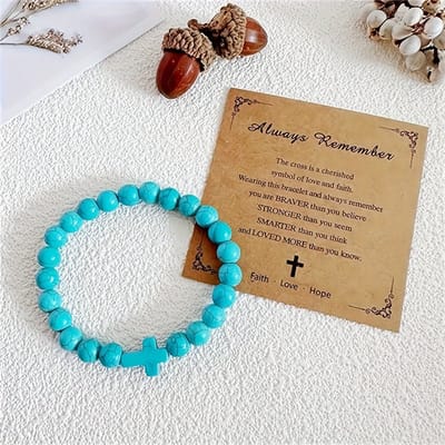 VANDAAG VERZONDEN - Armband - Kruis - Christelijk - Natuursteen kralen - Blauw