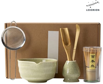 Lexorion Premium Matcha Set – 6-Delige Japanse Matcha Theeceremonie Set met Keramische Kom met Schenktuit, Bamboe Klopper & Lepel, RVS Zeef, Klopperhouder en Cadeaudoos – groente