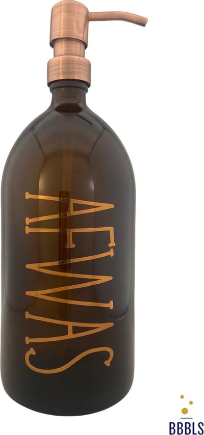 BBBLS® Design Dispenser Giftset "Zeep Afwas" | Bruin Kunststof | 500ml | RVS / Metaal Pomp Goud | Zeeppomp | Zeepdispenser | Zeephouder