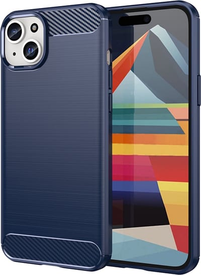 MobyDefend Hoesje - Geschikt voor iPhone 15 Plus - TPU Backcover - Geborstelde Metaal & Carbon-Look - Blauw