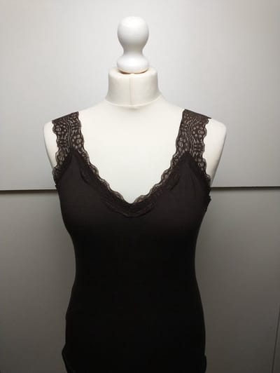 Dames singlet stretch top Henriette-kanten bandjes-effen zwart-Maat S/M-onderhemd