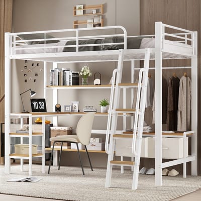 HAUSS SPOLE Hoogslaper 90x200 cm - Kinderbed Met Bureau en Opbergrek - Zonder Matras - Met Opbergboxen en Trap - Metaal Hout - Wit Naturel